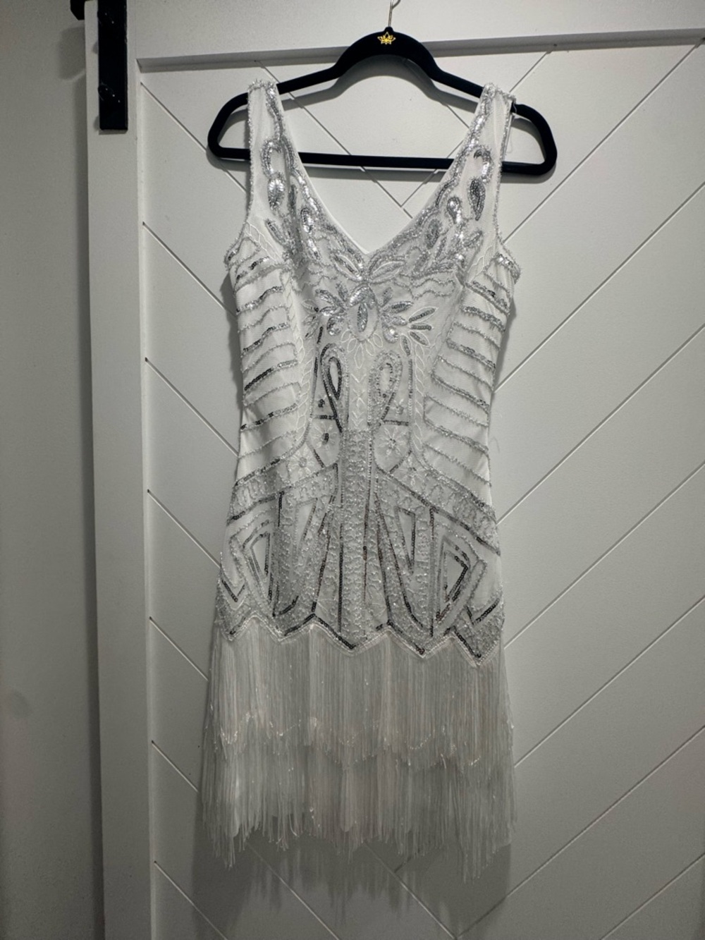 White Beaded Fringe Mini Dress with Silver Embellishment